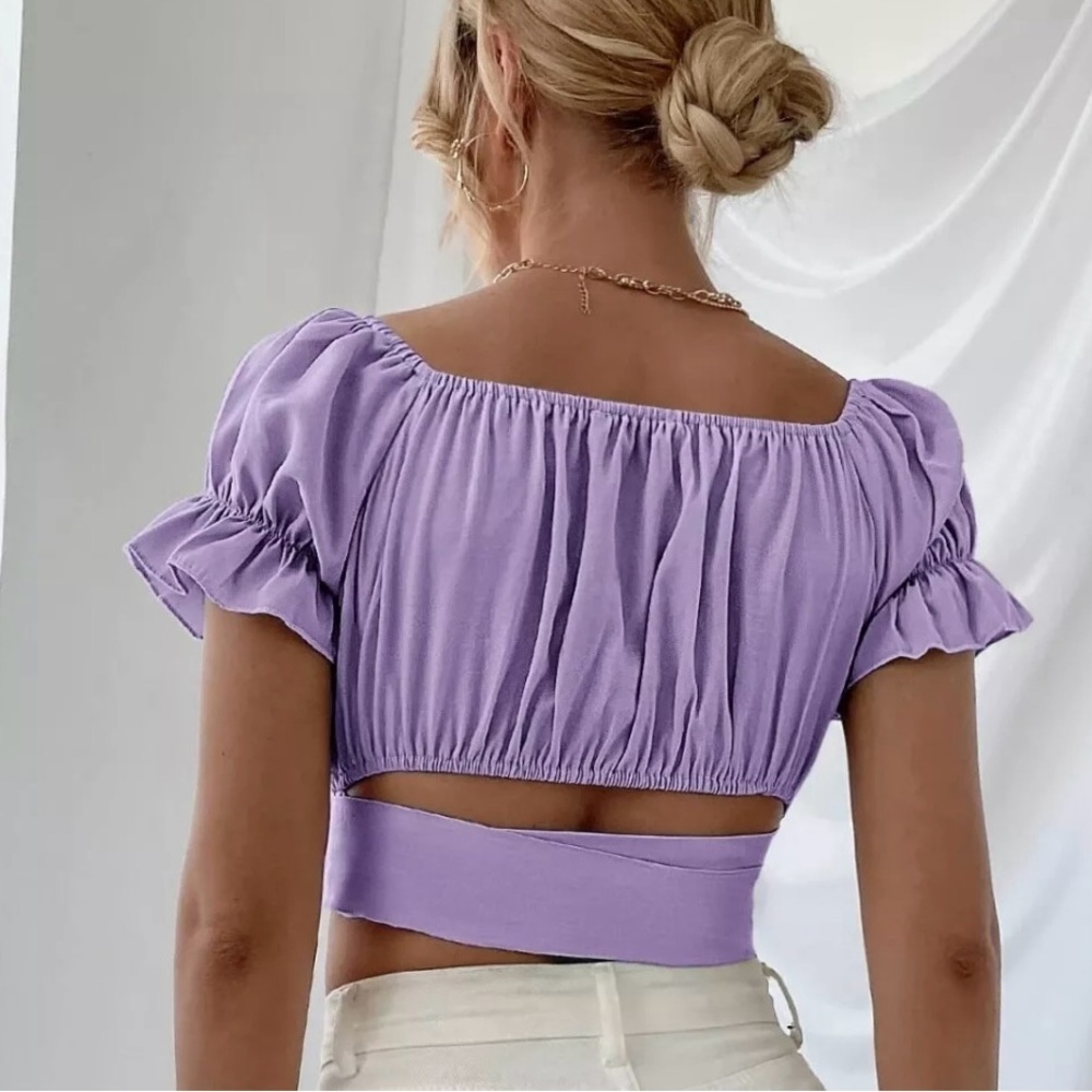 Purple Off Shoulder Wrap
Around Tie Ruched Bust Puff
Sleeve Crop Top Sz S - Picture 4 of 7